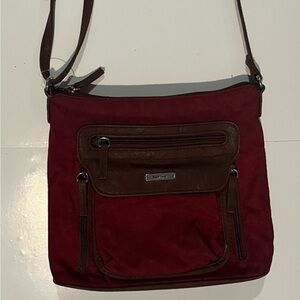 Stylish Red and Brown Crossbody Bag with Adjustable Strap